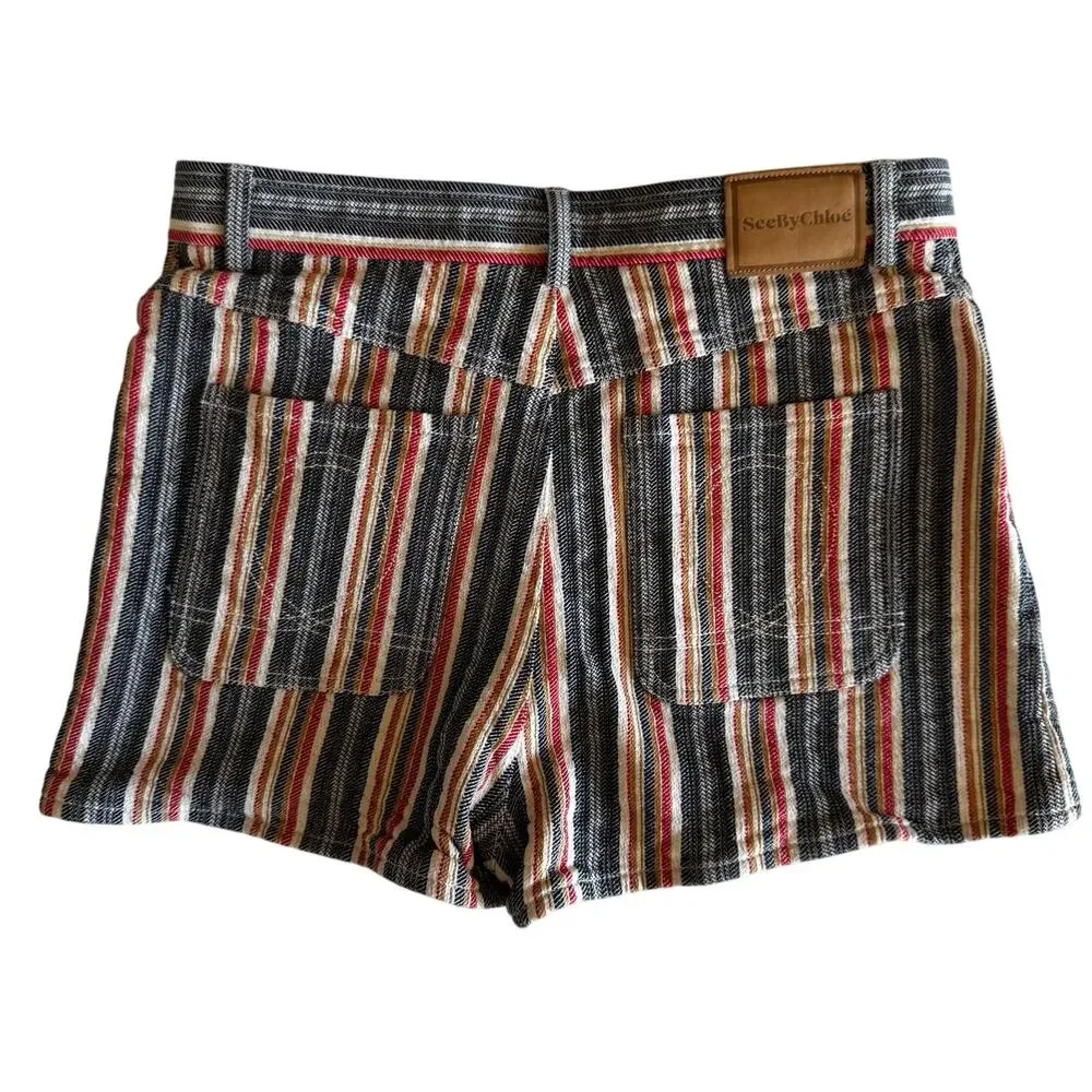 See By Chloe Jacquard Stripe Cotton Denim Shorts EU 40 Boho Retro Festival Indie - Picture 6 of 16